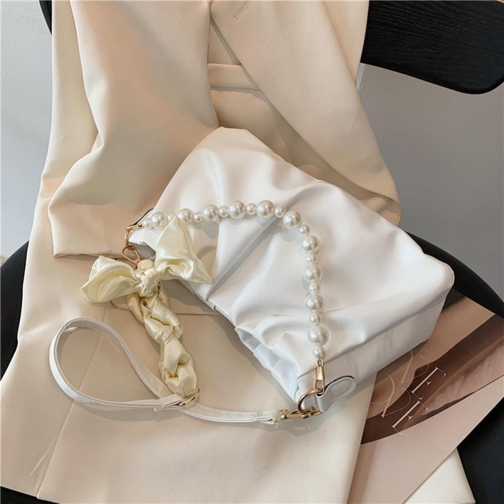 Gentle Pearl Chain Bag PU Leather Bow Handbag Trendy Pleated Shoulder Bag  Unisex