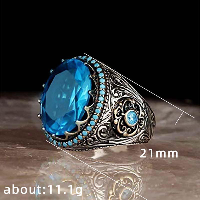 Men's Hip-Hop Retro Engraved Aquamarine Egg-Shaped Ring