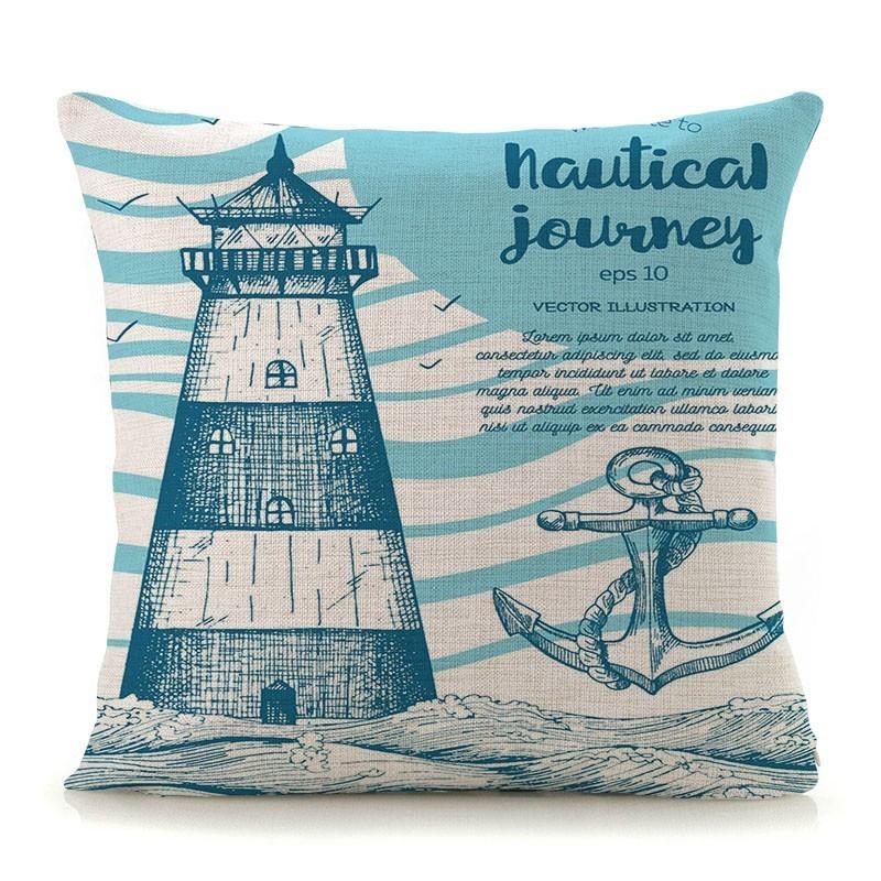 Mediterranean Lighthouse Ocean Sailing Print Home Decorative Cushion Cover Cotton Linen Pillow Case For Sofa Bed Chair 45X45Cm