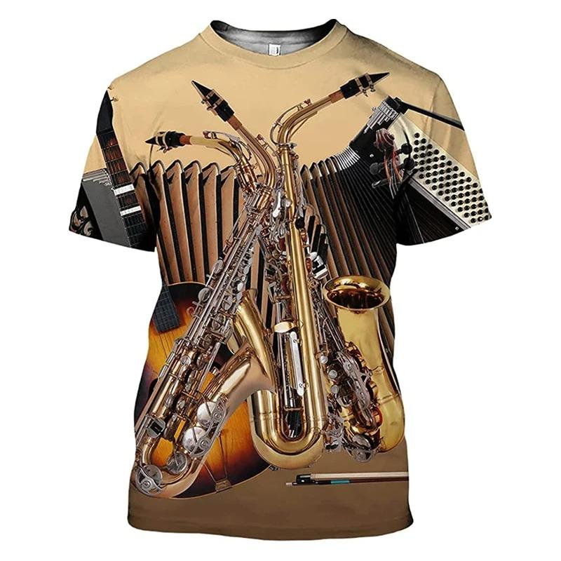3D Print Saxophone Men Women T-shirts Summer Casual Short Sleeve Jazz Tshirts Streetwear O Neck Oversized Harajuku Y2k Kids Tops