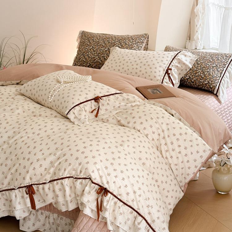 Cotton Bedding Four-piece Set Bow Lace Edge Skin-friendly Breathable Bed Sheet Quilt Cover Pillowcase Kit