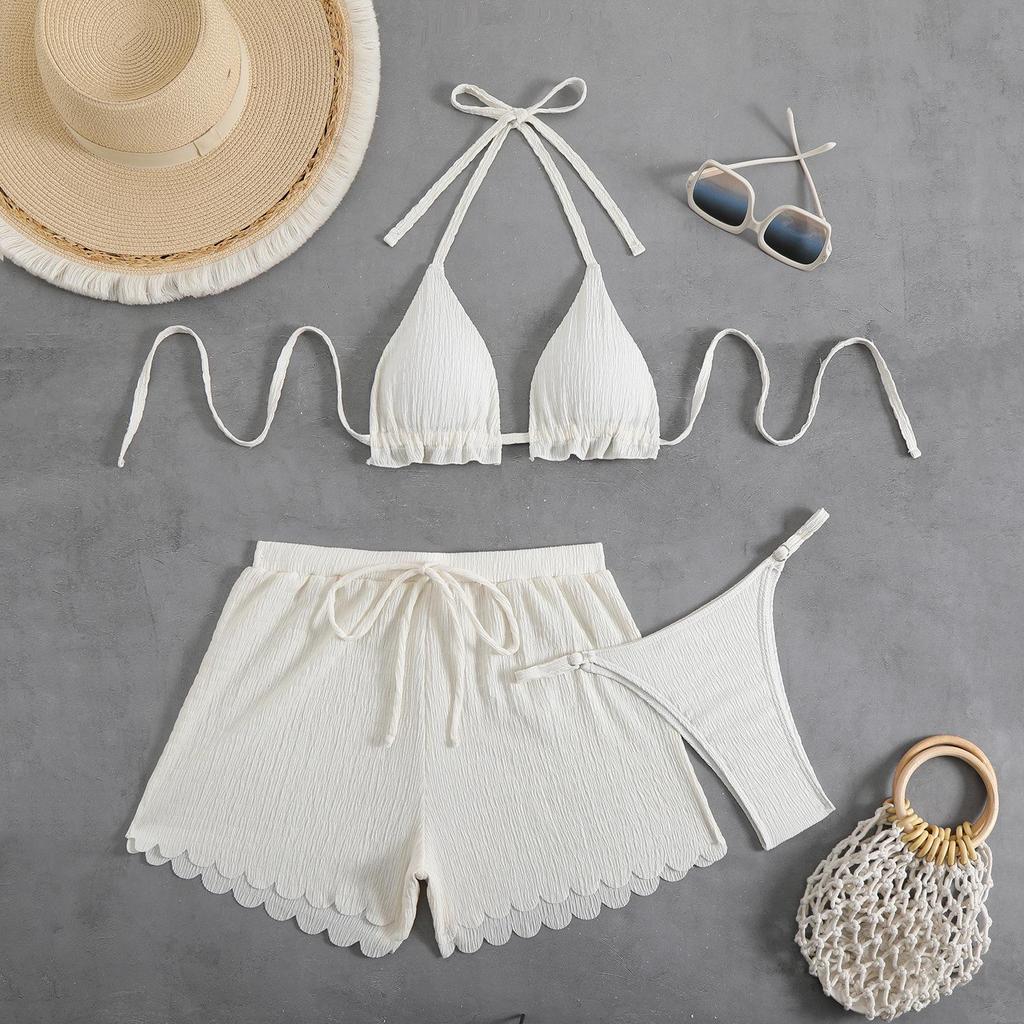 2025 Trendy Solid Color Sexy Halter Bikini Three-Piece Set