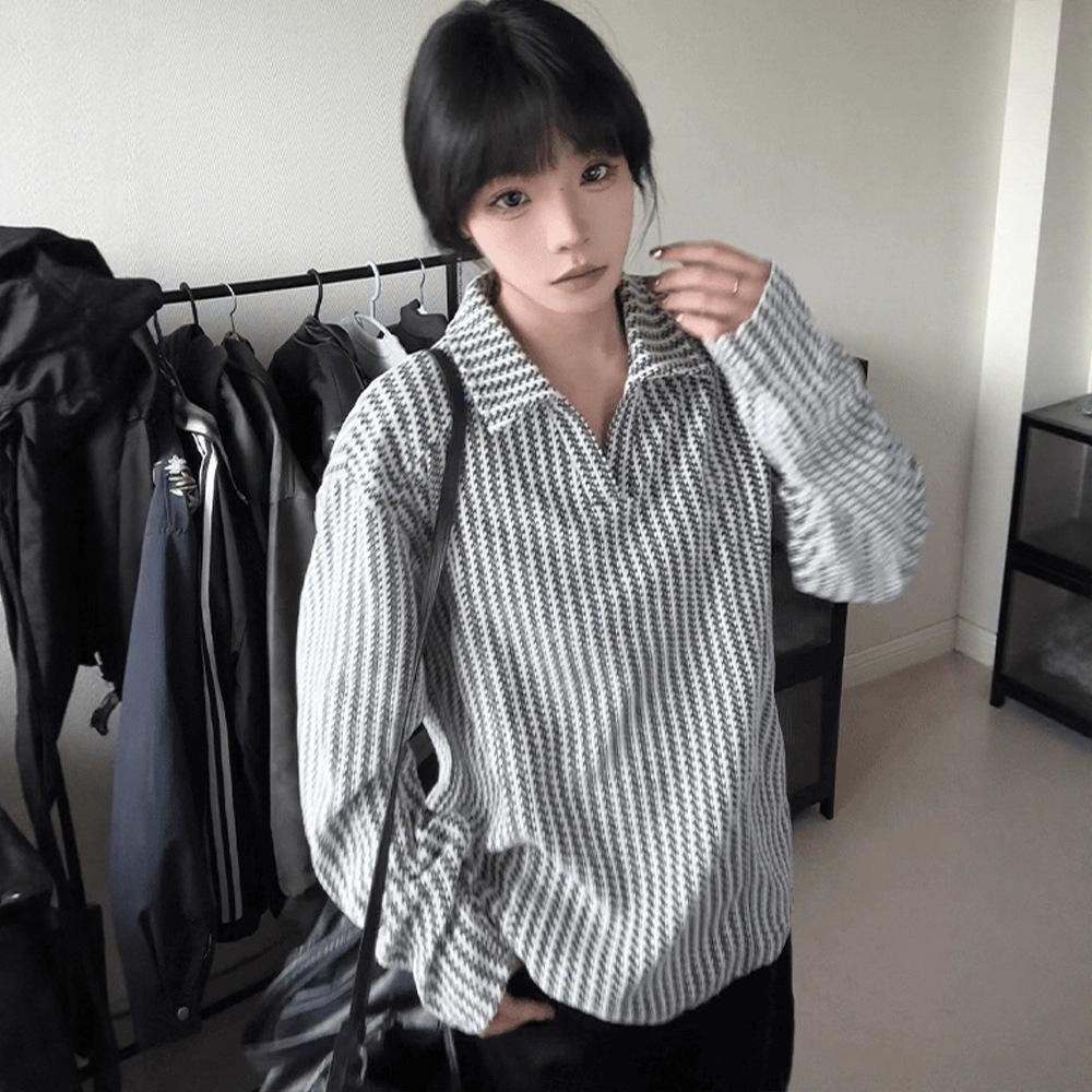 

Men s Autumn Trend Brand American Bottom Shirt Black and White Striped Long Sleeves M