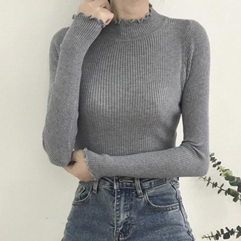 Femei Design Decolteu Pulover Gât Mediu Înalt Pulover Tricotat Cald Solid Margine Volanată Pulover Elastic Tricotaje Topuri de Bază Femeie Pulover cu Mâneci Lungi