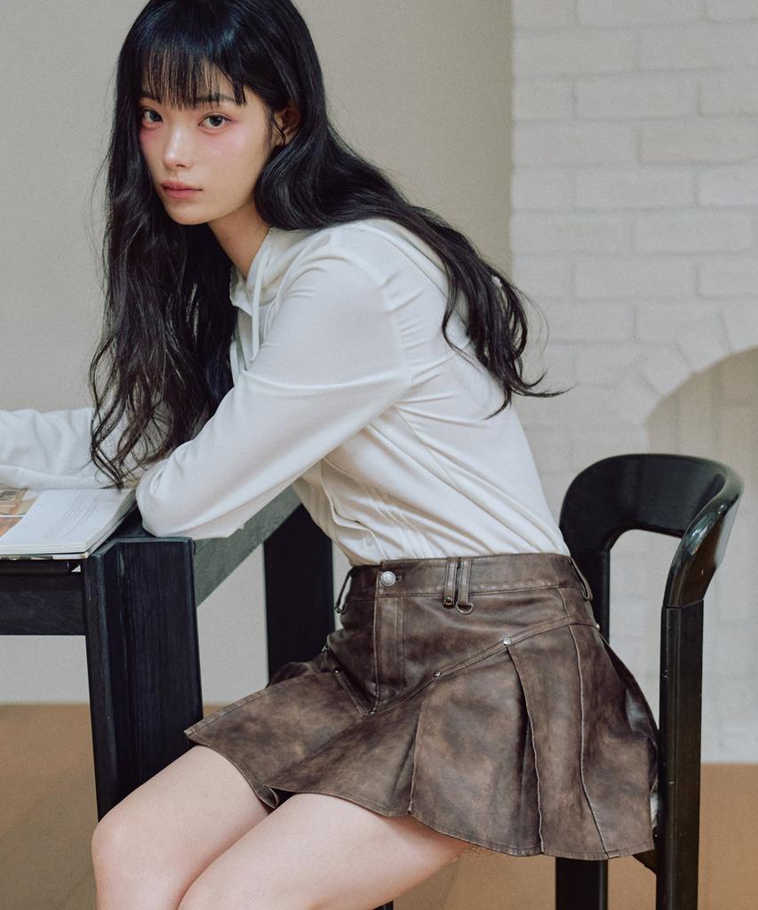 ZEROPLANET Sandy Leather Pleated Skirt [Brown]