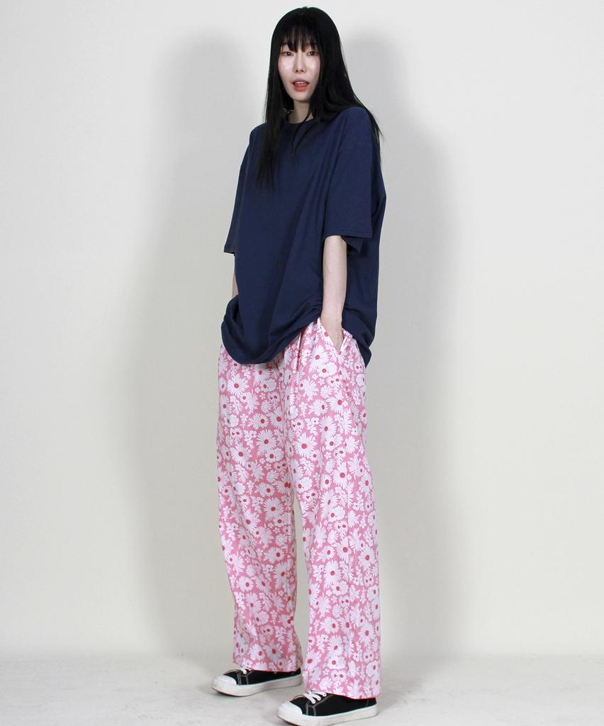 Deumakeu Flower Pattern Side One-Pleat Semi-Wide Pants Hot Red