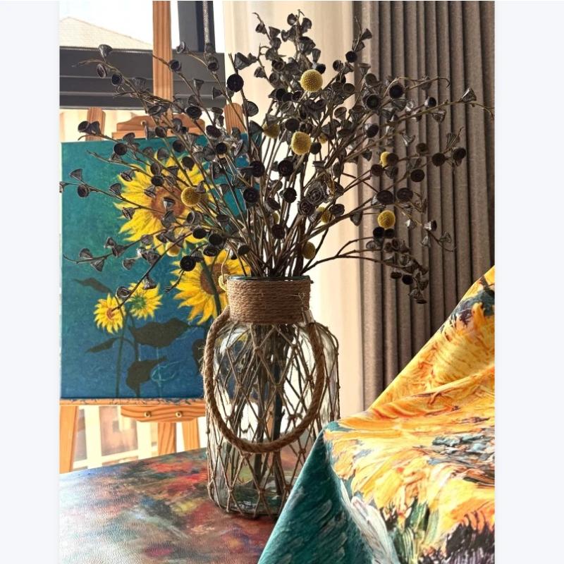 Rustic Hanging Glass Vase with Rope Net – Transparent Flower Vase with Hemp Rope for Home, Living Room & Table Decoration