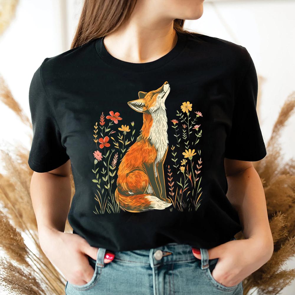 Vintage Wildflower Fox Comfort Shirts Light Academia Cottagecore Forestcore Whimsical Shirt Casual Daily Y2K Top Streetwear