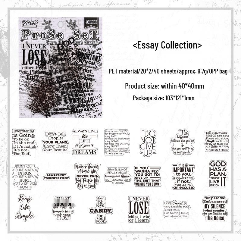 Poet Series Waterproof Transparent Stickers: Black English Phrases for Journals