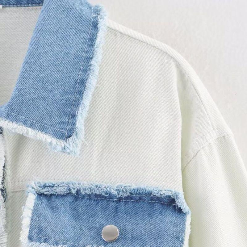 Kaslead New Women Clothes Western Style Casual Contrast Color Knitted Patchwork Denim Cardigan Top Outerwear