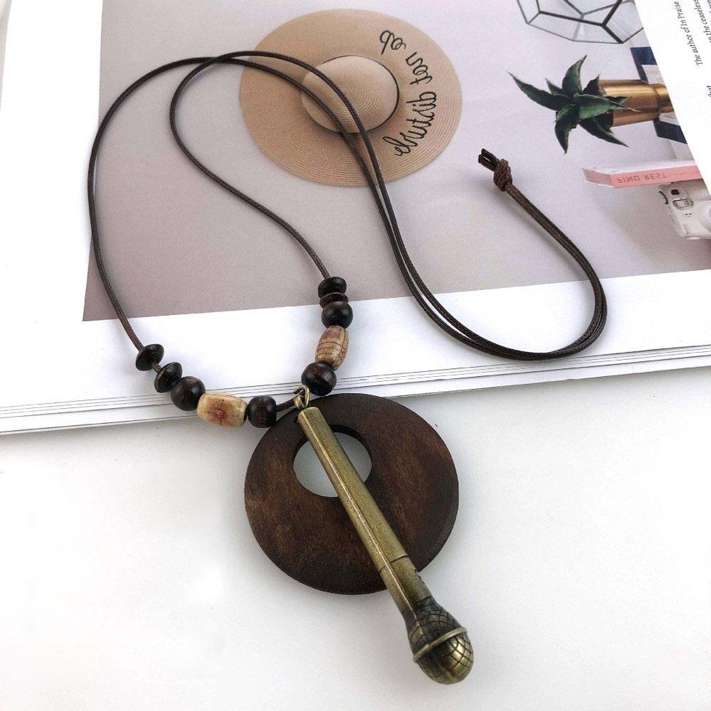 Leather Chain Wooden Pendant Necklace Boho Sweater Necklace Vintage Sweater Chain  Gifts