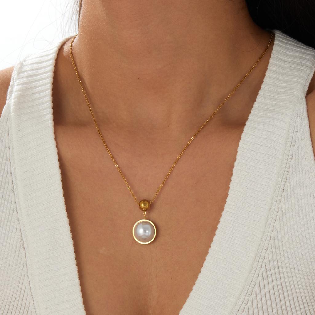 DIEYURO 316L Stainless Steel Golden Ball Pearl Pendant Classic Necklace For Women Fashion Trend Non-fading Neck Chain Jewelry