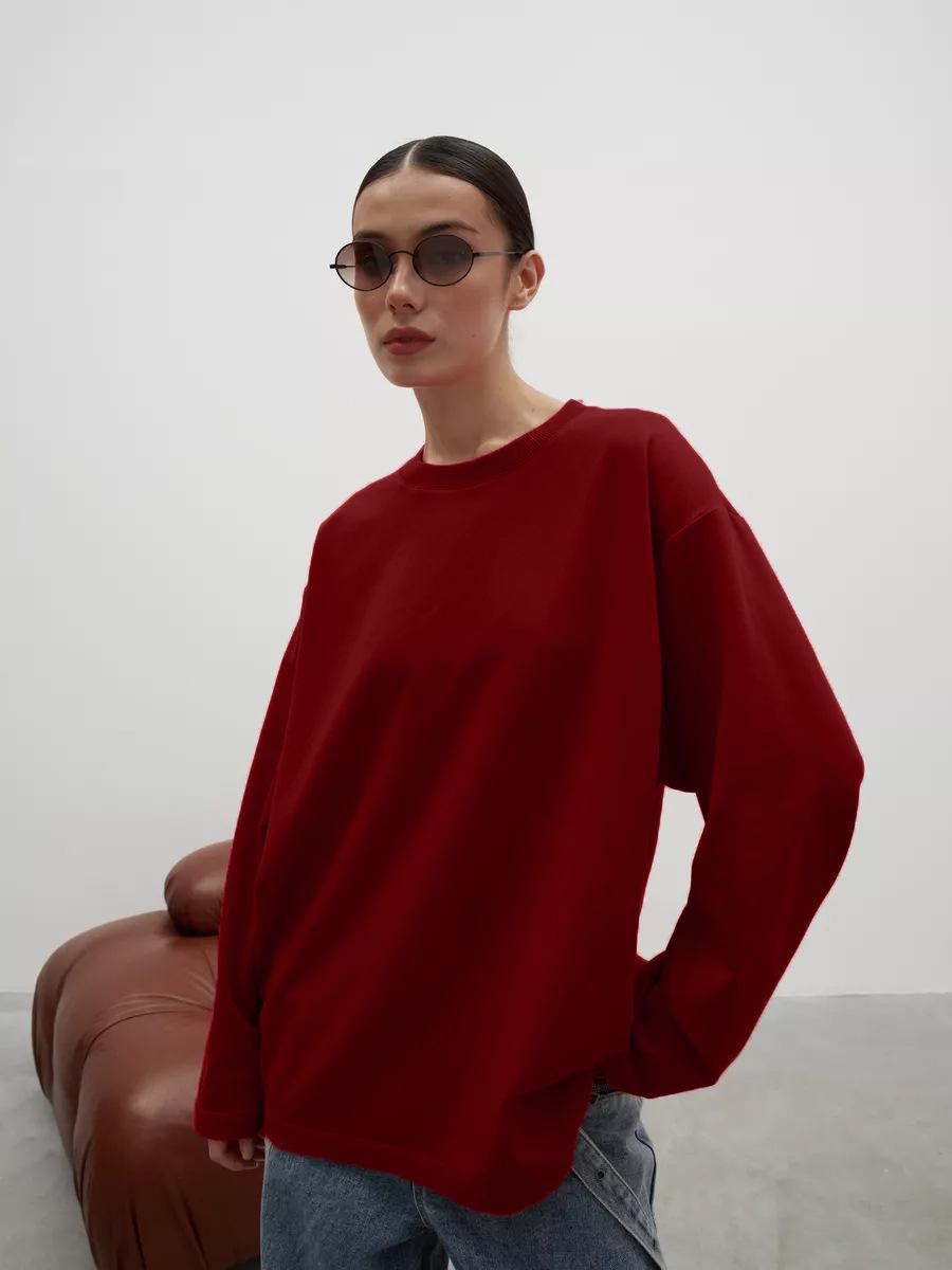 

Женская футболка с длинным рукавом однотонная из гребенного хлопка - Европейский и американский стиль, Свободный повседневный крой, Высокое качество, 260г Medium вино красного