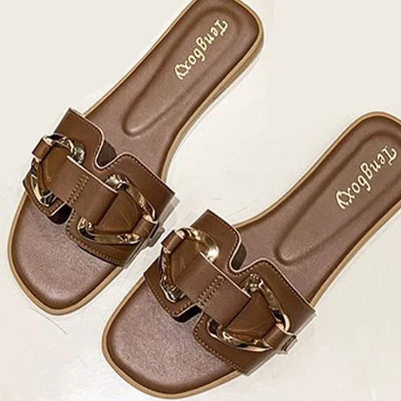Women Metal Decor Single Flat Sandals Fashion Sexy Open Toe Outdoors Slides Luxurious Office Ladies Party Shoes
