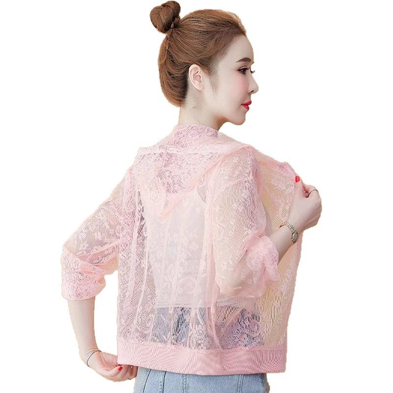 Jaqueta Curta de Renda com Tela para Verão Feminina - Cardigã Versátil de Tamanho Grande com Proteção Solar