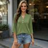 Womens 34 Sleeve V Neck Henley Pullover Top with Button and Front Pockets for Casual Daily Wear