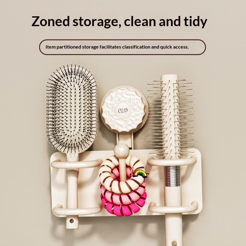 Wall-Mounted Comb Storage Rack Suction Cup Bathroom Hair Tie Holder No-Drilling Needed Hairband Holder Plastic Organizer