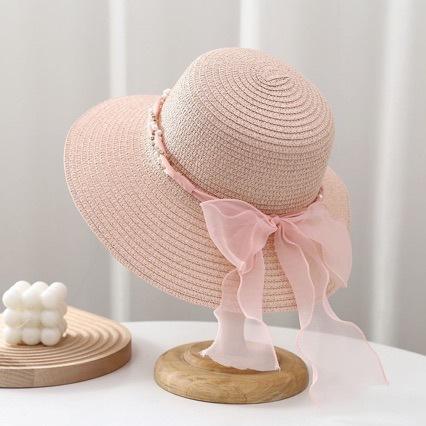 Fashion Summer Pastoral Style Straw Hat Pearl Lace Ribbonwide Brim Sun Hat Spring Summer Elegant Uv Protection Cap Female