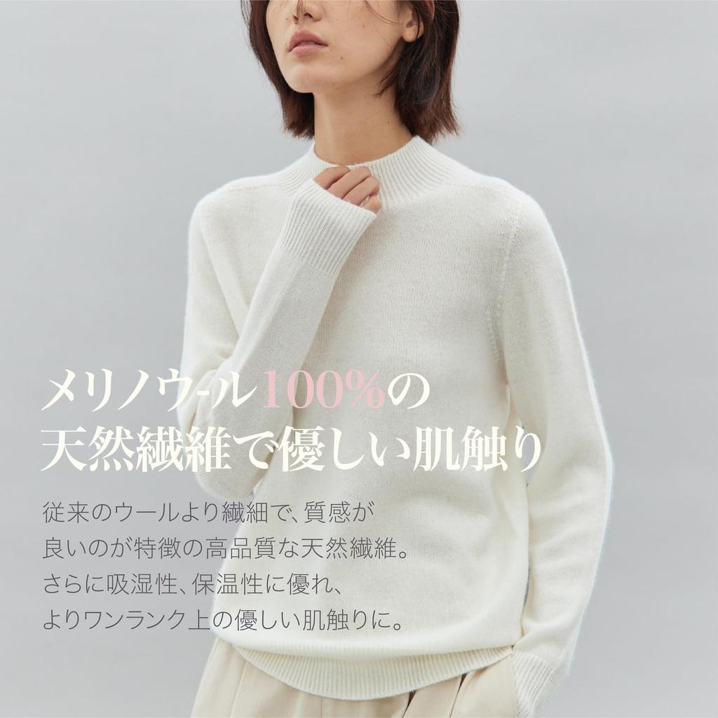 STILLWALKING Knit High Long Merino Solid Women's Sweater, Neck, Sleeve, 100% Wool, Simple, Color, Fall/Winter (JP, Alphabet, M, White)