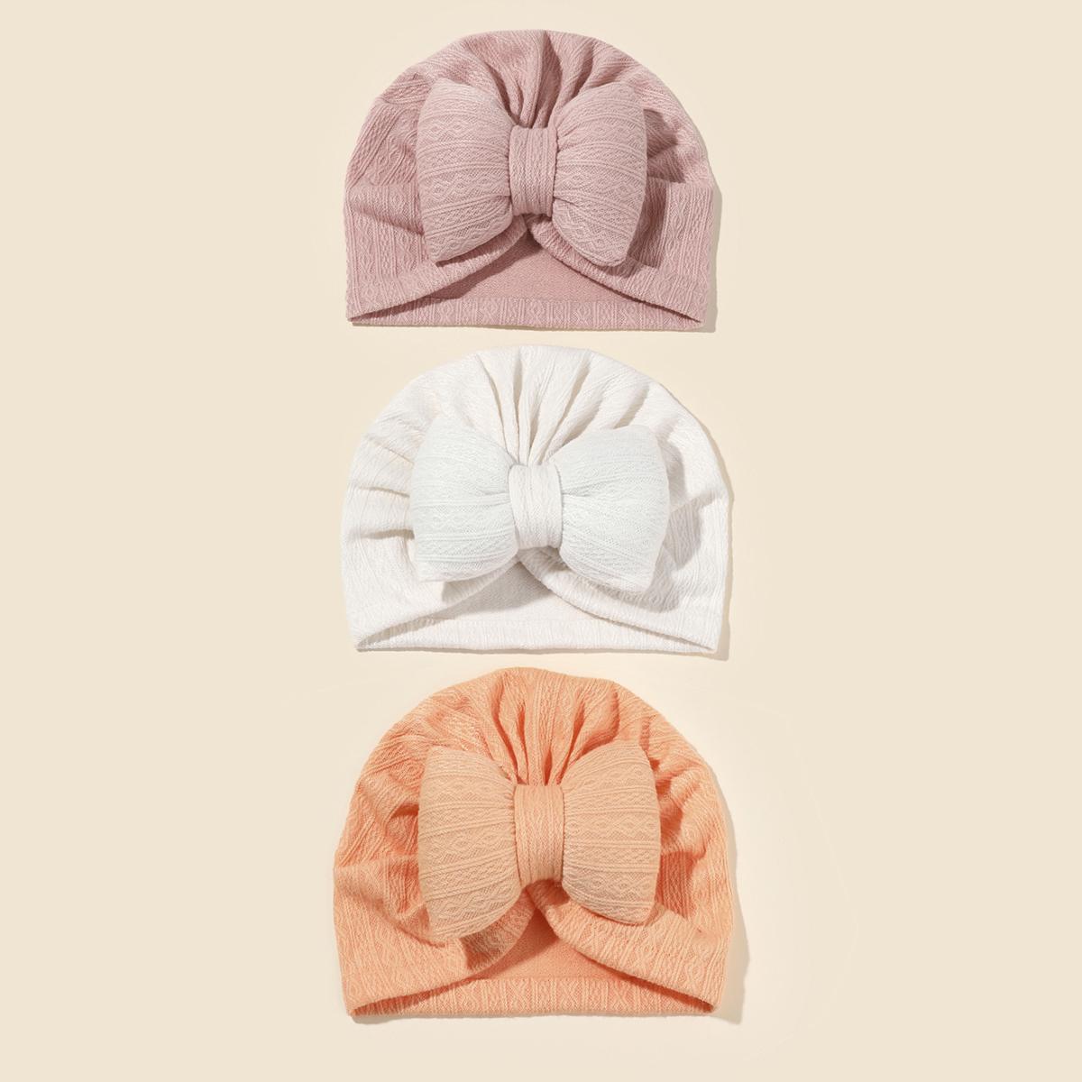 3 pièces/set Jolie Bonnet Tricoté Bébé Nœud Papillon Mignon Couleur Unie Bonnet Bébé Filles Garçons Turban Doux Bonnet Nouveau-né Bonnets Pompons Bandes pour la Tête One Size beige