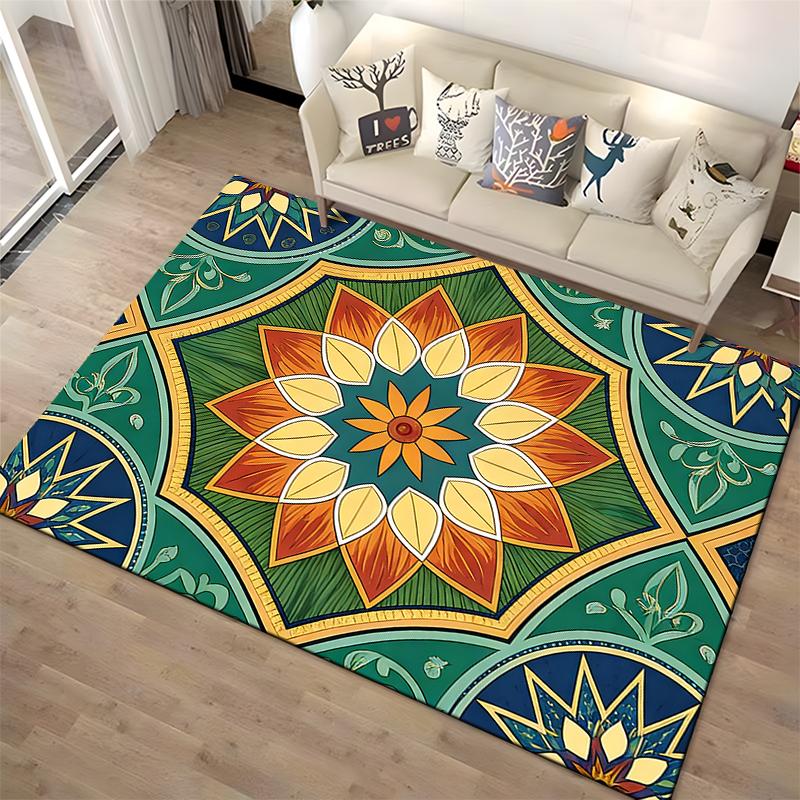 Mandala Flower Pattern Carpet with Vibrant Green and Orange Design Suitable for use as an anti-slip for living room bedroom sofas