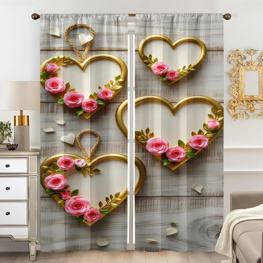 

Set Of 2 Gold Plated Heart Shaped Floral Curtains Retro Style Bedroom Living Room Decorative Drawbar Pockets Made Polyester Great Window Treatment W100*H70(CM)-Hooks&1PCS