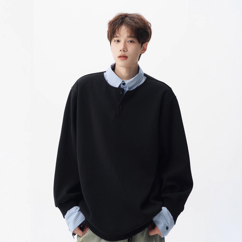 Japanese Fake Two POLO Shirts Men's Autumn College Style Lapel Sweater Retro with Bottoming Shirt Inside.