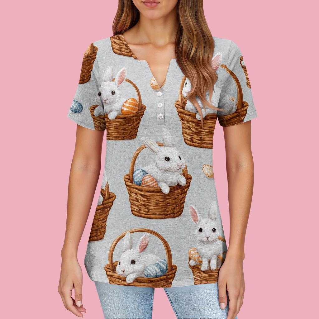 Women's T Shirt Print Button Short Sleeve Daily Weekend Fashion Basic V- Neck Regular Top