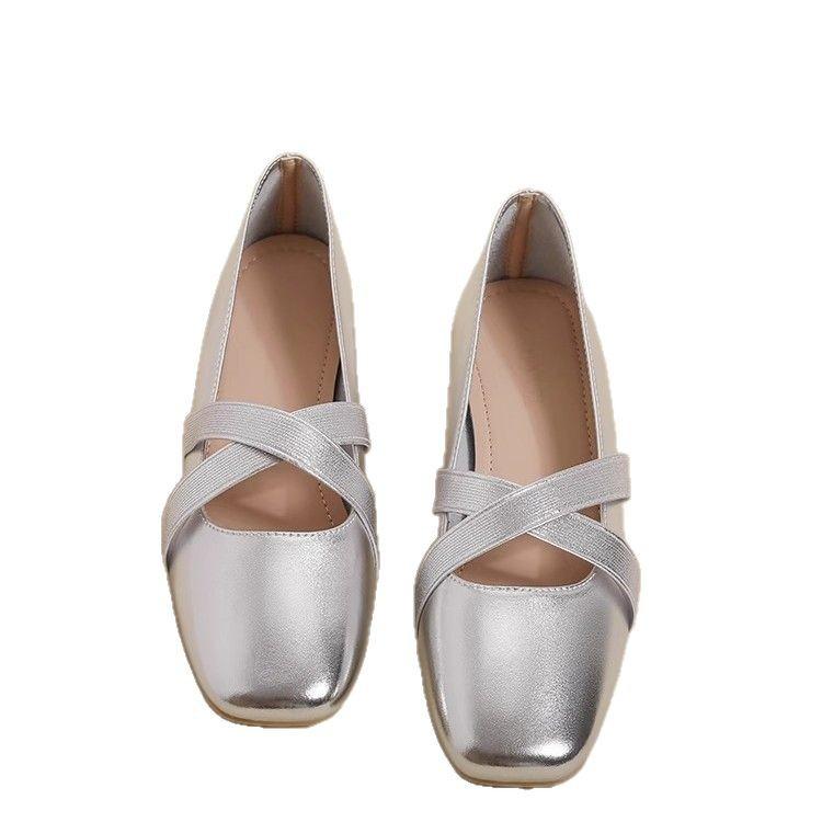 Silver ballet single shoes women's 2025 summer new French cross evening breeze light mouth temperament flat Mary Jane shoes