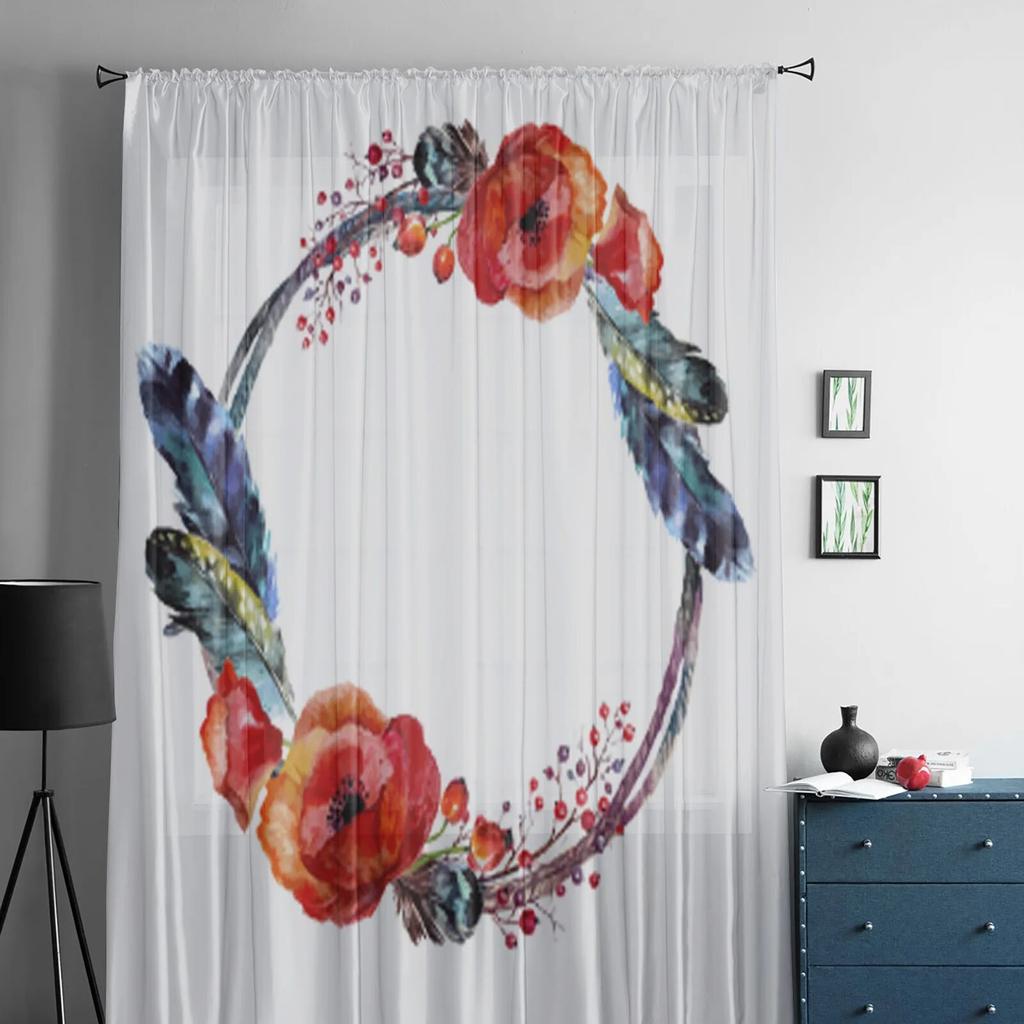 Wreath With Feathers In Boho Style Tulle Curtains For Living Room Decoration Modern Veil Chiffon Curtains Bedroom Sheer Voile