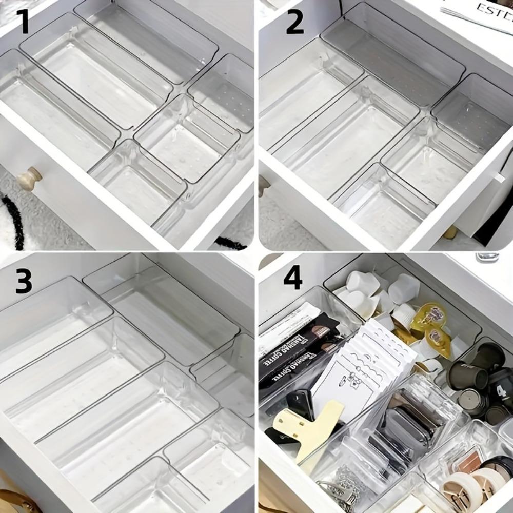 7pcs Clear Plastic Makeup Organizer for Countertop Stackable Drawer Dividers for Cosmetics Office Supplies Desk StorageOrganizer