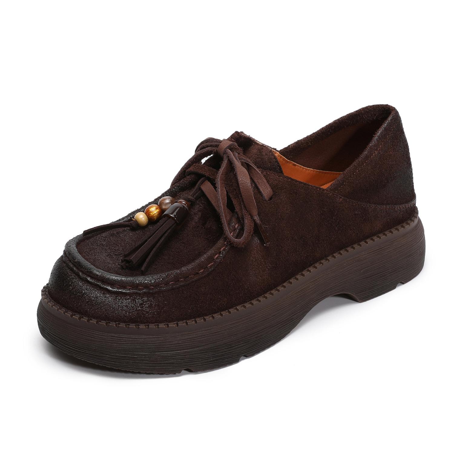 

Johnature Натуральная кожа Кисточки Женская обувь Ретро Толстая подошва На шнуровке Коровья замша Средний каблук Туфли-лодочки 39 кофейный