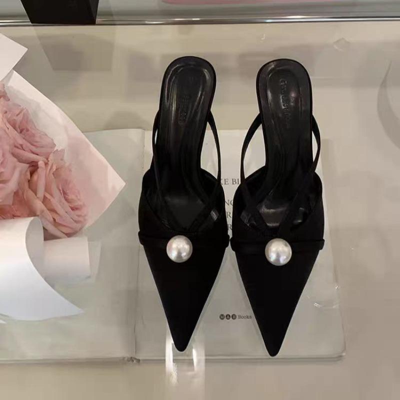 Fashion New Style Elegant High Heels Slippers Pearl Pointed Toe Women Mules Shoes Sexy Sandals Summer Pumps Dress Flip Flops Sandals