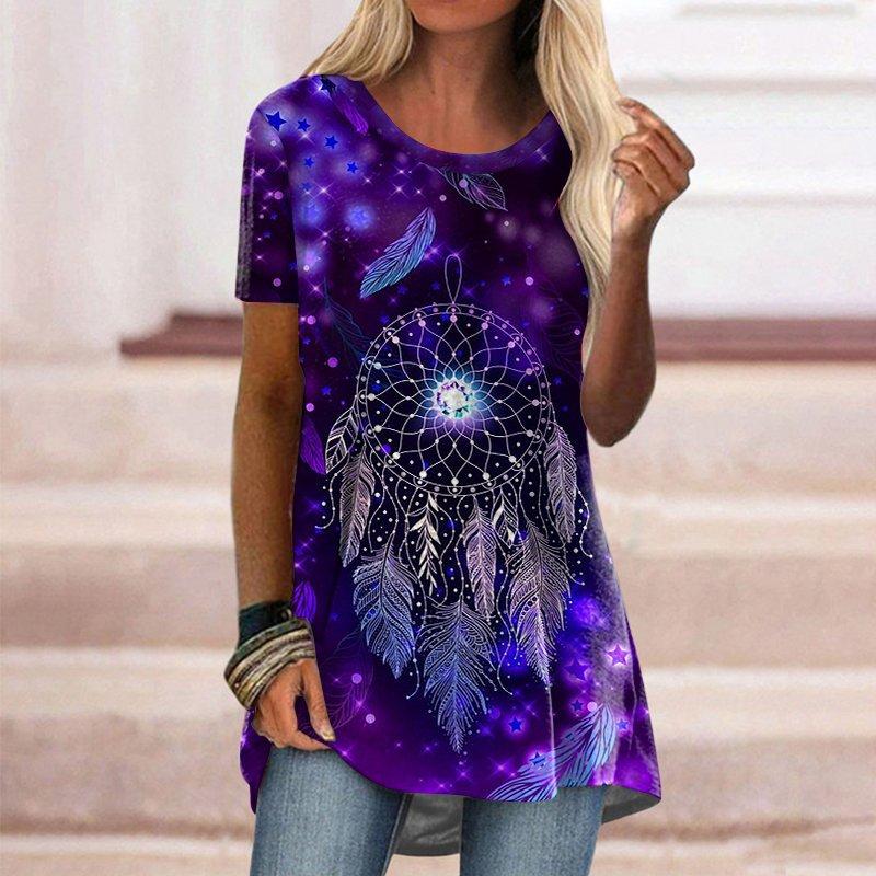 Women's Round Neck Short Sleeve Geometric Print Tunic Top Casual Asymmetrical Hem Blouse