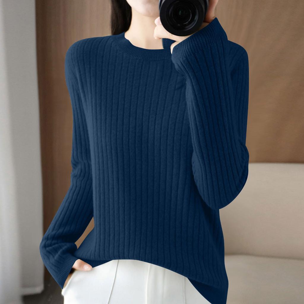 Women's Fashion Loose Knit Sweater Bottom Shirt Round Neck Pullover Long Sleeve Solid Color Top