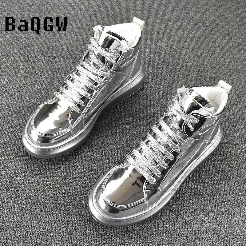 Gloden SLiver Fashion Leather Boots for Men Waterproof Lace Up Short Ankle Boots Men Outdoor Platform High Top Motorcycle Boots