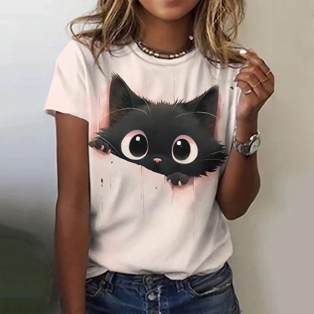 Damen T-Shirt 3D Niedliches Tier Mode Katze Print T-Shirt Sommer Top Lässig Kurzarm Y2k Übergroße Kleidung