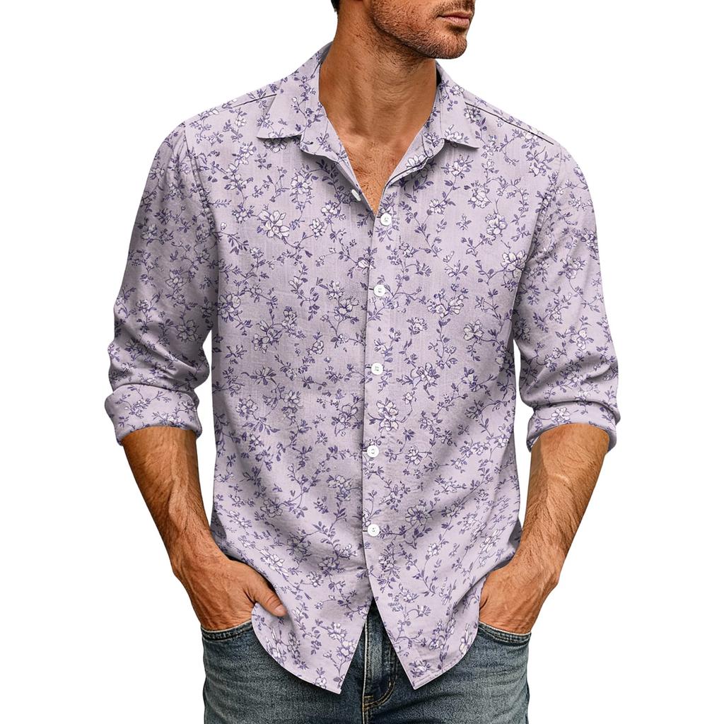 Men's Hawaiian Loose Fit Long Sleeve Button Down Shirt Retro Casual