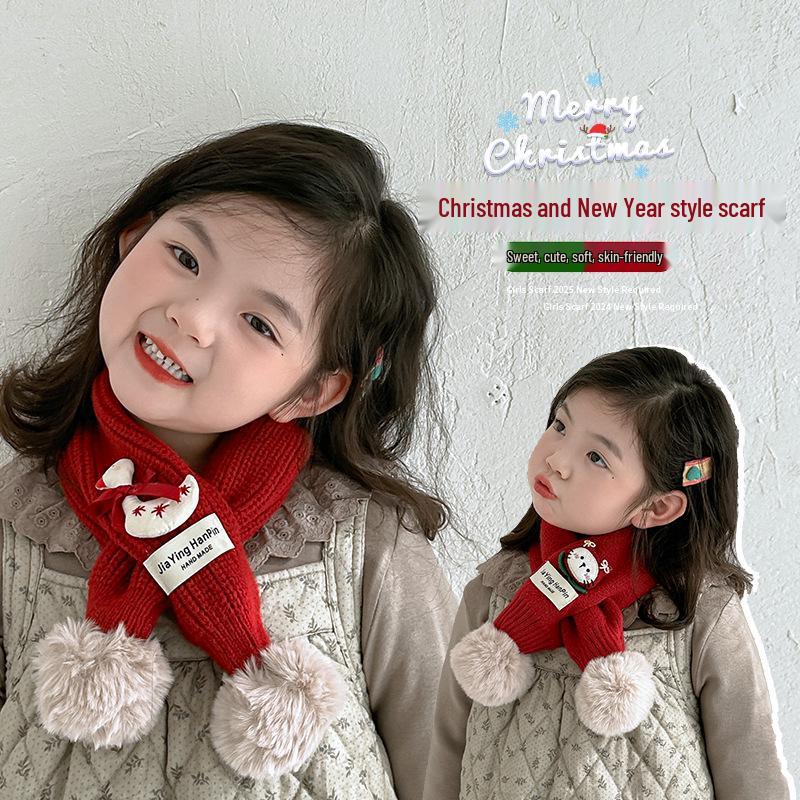 Korean Style Cute Red Knit Scarf for Children - Cozy Autumn/Winter Neck Warmer for Festive Season
