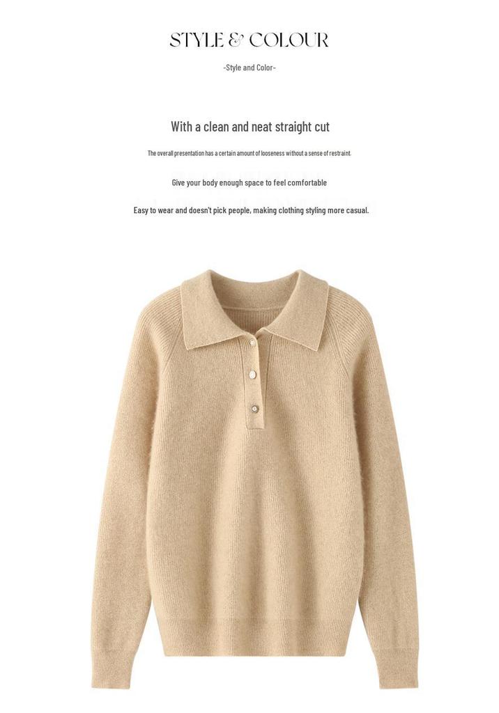 2024 Autumn/Winter Women's Cashmere Polo Neck Buttoned Lapel Pullover