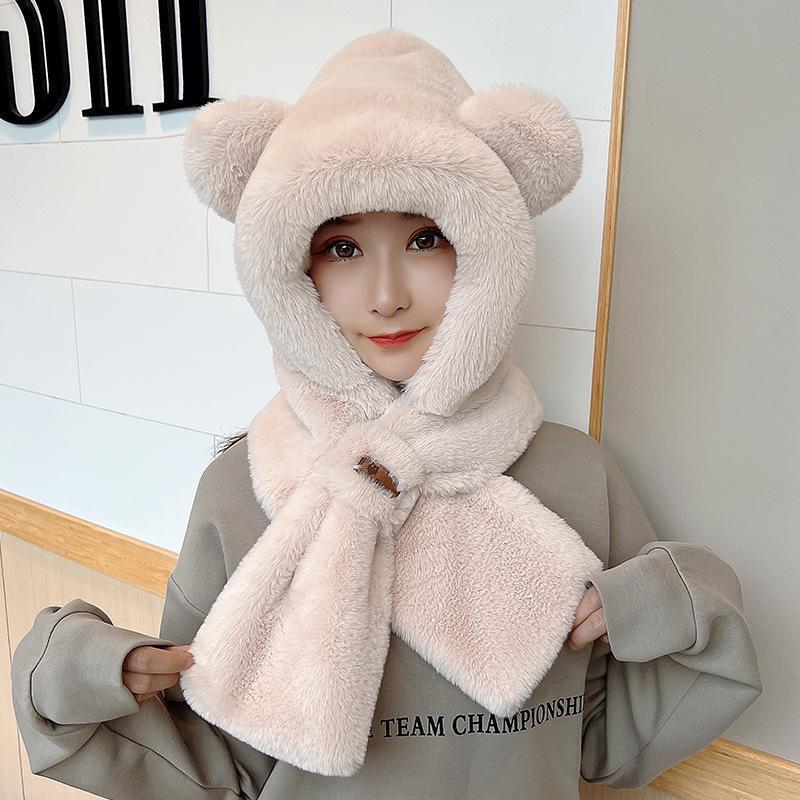 2023 Winter Cute Bear Ear Warm Hat Plush Scarf Hat Outdoor Windproof Cycling Hat Women Beanies Caps