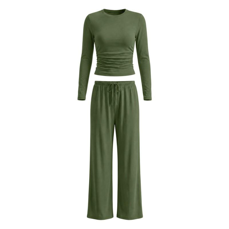 Womens Solid Color Casual Long Sleeve Top Pants Set Streetwear