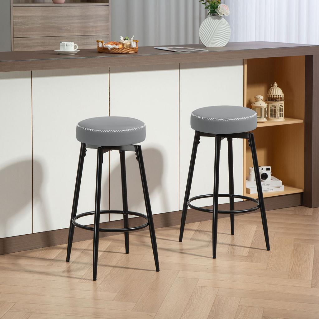 Set of Two Faux Leather Bar Stools - Grey/Black