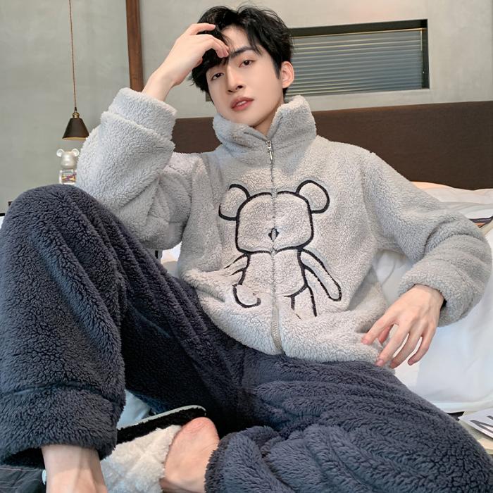 Pyjama en molleton de corail pour homme, ensemble de vêtements de nuit chauds en flanelle épaisse, surdimensionné, fermeture éclair, doux, mode, solide, pour la maison, automne et hiver