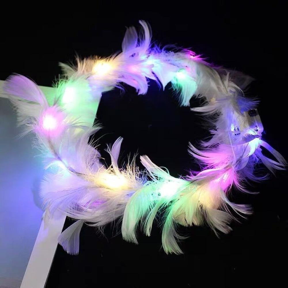 Christmas White Feather Luminous Garland New Year Women Hairband LED Feather Headband Party