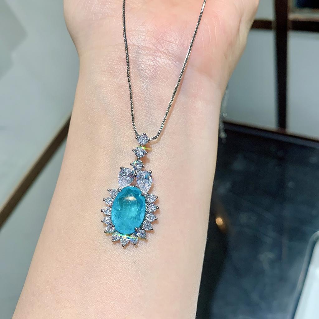 Schmuck Retro Simulation, Blauer Paraiba Schmuckset Ohrstecker Hauptstein 8 * 12 Anhänger 10 * 14