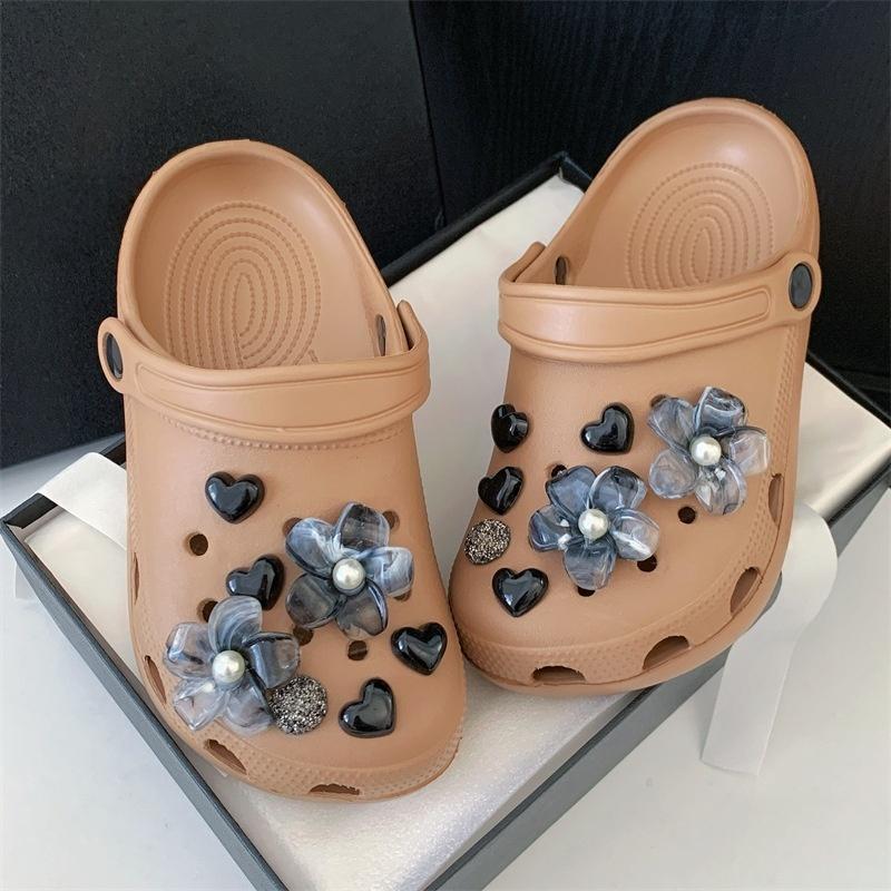 Rhinestone Detachable Shoe Charms 14Pcs Black Ink Flower Heart Design DIY Decor for Clogs Backpacks Daily Use