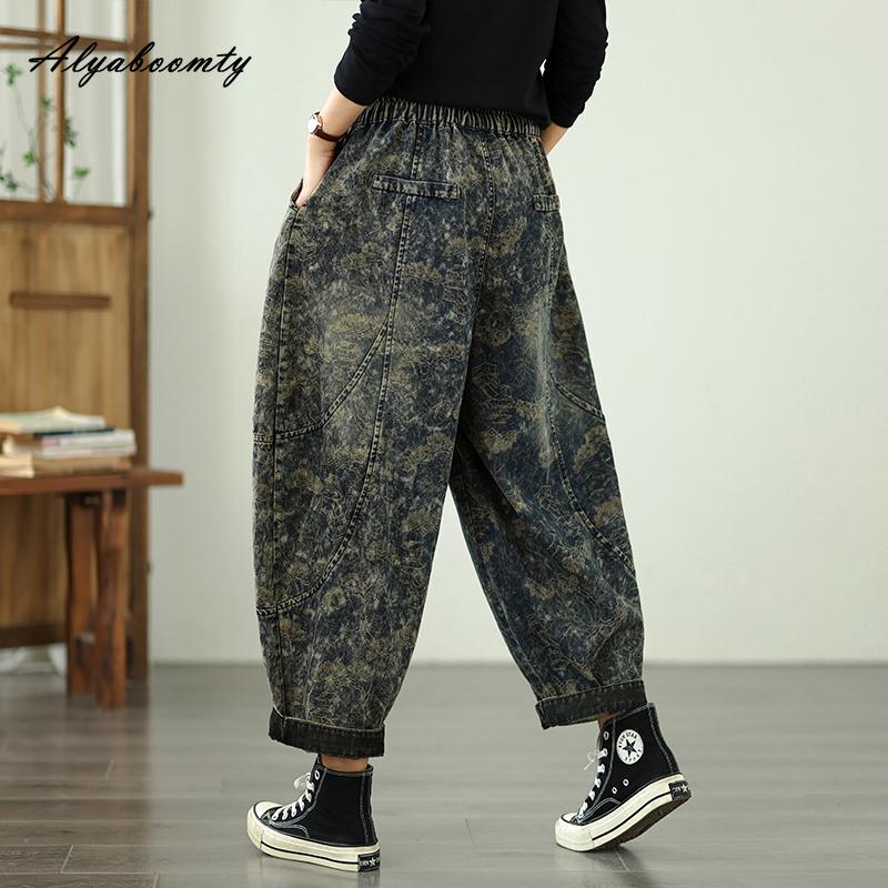Vintage Styl Plus Size Jarní Podzimní Dámské Volné Džíny s Vysokým Pasem se Stahovací Šňůrkou Retro Květinový Potisk Volné Džíny Streetwear Stylové Harémové Džíny