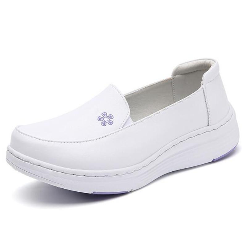Fashion New Women Flat Genuine Leather Nurse Shoes Casual White Wedge Soft Bottom Slip On Moccasins Comfortable Hollow Out Work Shoes