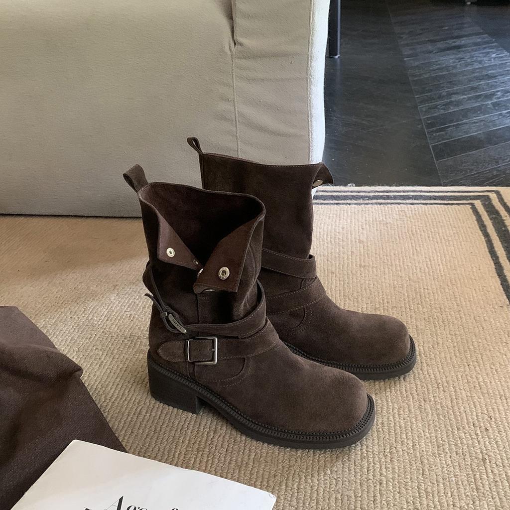 Grape Mother, the Same Maillard, Fold Two, Wear Buckle Straps, Cow Suede Medium Boots, Thick Sole Heightened Thick Heel Martin Boots for Women